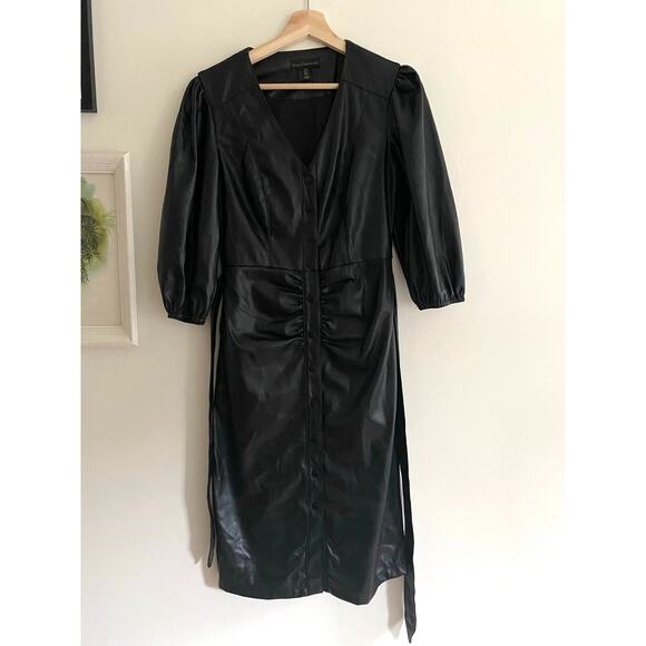 HOUSE OF HARLOW Black Belted Faux Leather Midi Dress Size Small - Picture 2 of 6